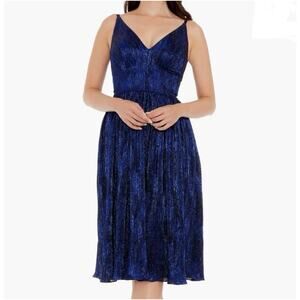 Dress the Population Metallic Blue Haley Fit & Flare Cocktail Midi Dress Medium